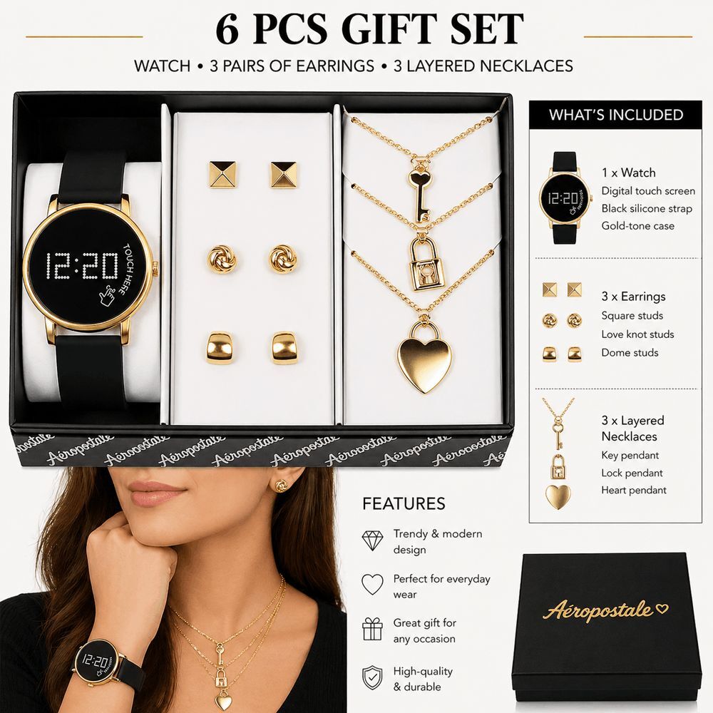 Aeropostale Digital Watch Jewelry Set Gold Tone Black